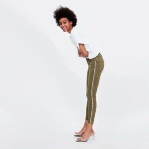 EUC Zara olive khaki skinny cropped ankle washed look sparkle side stripe jeans